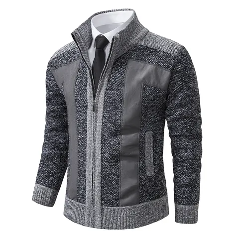Hommes Col Montant Zip Intégral Doublé Polaire Cardigan Pull Veste Poil de Lapin Patchwork Épais Tricoté Décontracté Hiver Top