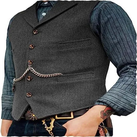 Men Vintage Herringbone Tweed Vest V-Neck Multi-Pocket Waistcoat British Style Sleeveless Top Casual Padded Work Vest For Men