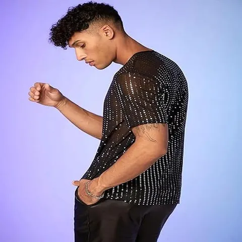 Men Sequin Mesh Performance T-Shirt Short Sleeve Crew Neck Sparkling Disco Party Top Slim Fit Stage Costume