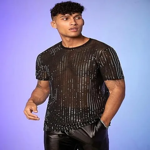 Men Sequin Mesh Performance T-Shirt Short Sleeve Crew Neck Sparkling Disco Party Top Slim Fit Stage Costume
