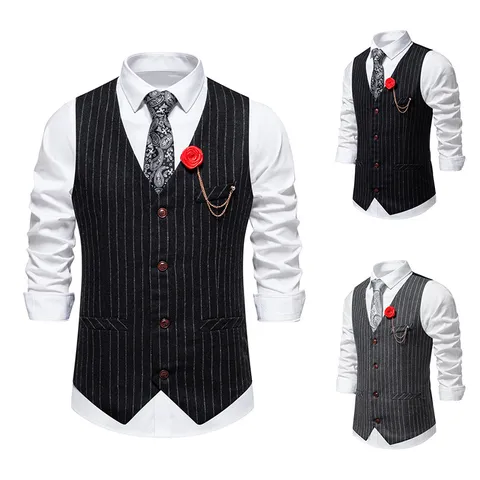 Men's Retro Striped Vest Single-Breasted Suit Waistcoat V-Neck Business Casual Sleeveless Top For Wedding Party