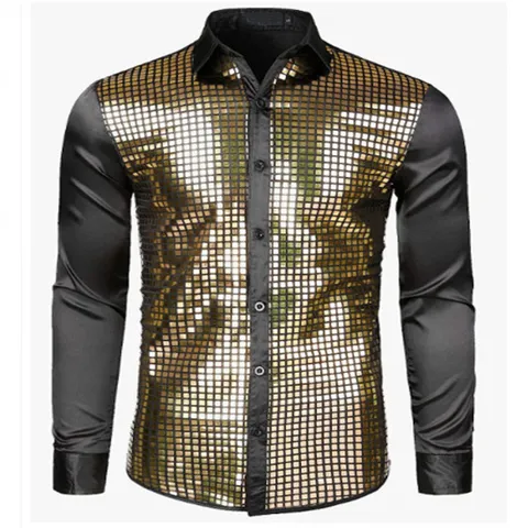 Mens Casual Formal Sequin Patchwork Long Sleeve Turn Down Collar Dress Shirt Party Club Stage Wear Top