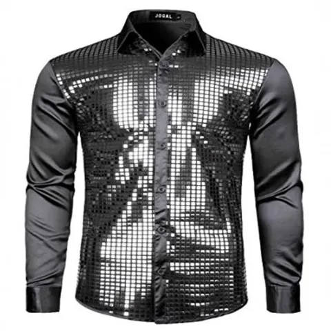 Mens Casual Formal Sequin Patchwork Long Sleeve Turn Down Collar Dress Shirt Party Club Stage Wear Top