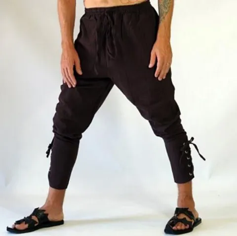 Men Casual Cotton Blend Loose Fit Drawstring Cuffed Pants Retro Medieval Renaissance Style Long Trousers With Pockets