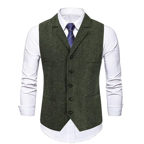Men's Business Suit Vest British Retro Herringbone Casual Slim Fit V-Neck Single-Breasted Waistcoat Gentleman Formal Top