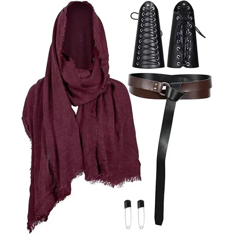 Medieval Knight Renaissance Hooded Cloak Cape LARP Costume Accessories With Bracers Belt For Halloween Party