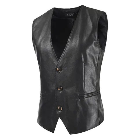 Men's British Style Slim Fit PU Leather Vest Single Breasted V-Neck Casual Business Waistcoat Plus Size