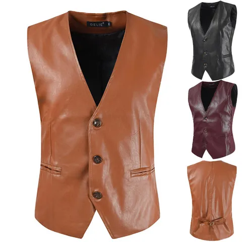 Men's British Style Slim Fit PU Leather Vest Single Breasted V-Neck Casual Business Waistcoat Plus Size