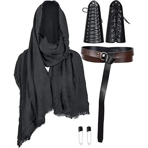 Medieval Knight Renaissance Hooded Cloak Cape LARP Costume Accessories With Bracers Belt For Halloween Party