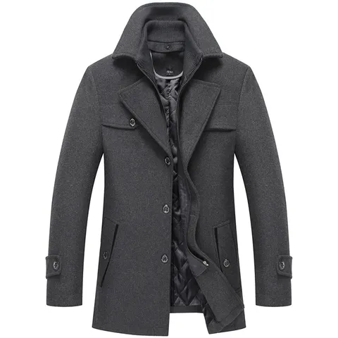 Men Winter Wool Blend Trench Coat Thickened Double Collar Lapel Long Jacket Business Casual Overcoat Outerwear