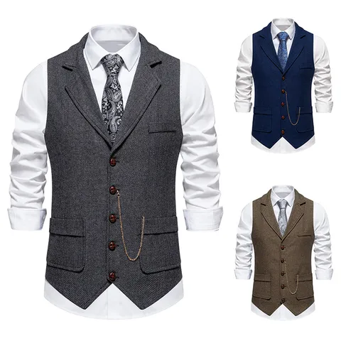 Men's Vintage Herringbone Tweed Suit Vest Retro Lapel Single Breasted Waistcoat With Metal Chain Business Casual Top