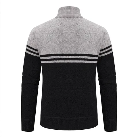 Men's Chenille Knit Cardigan Jacket Fleece Lined Warm Sweater Stand Collar Full Zip Outerwear Slim Fit Striped Color Block Knitted Jacket
