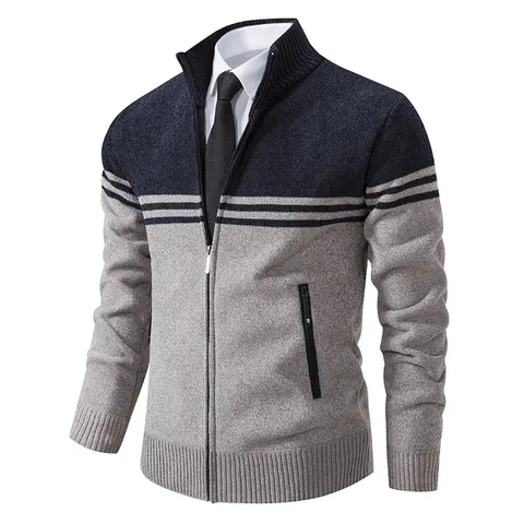 Men's Casual Stand Collar Knit Cardigan Sweater Color Block Long Sleeve Full Zip Slim Fit Business Jacket Outerwear