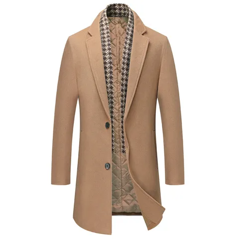 Men's British Wool Blend Trench Coat Winter Thickened Mid-Length Overcoat With Scarf Collar Business Casual Outerwear