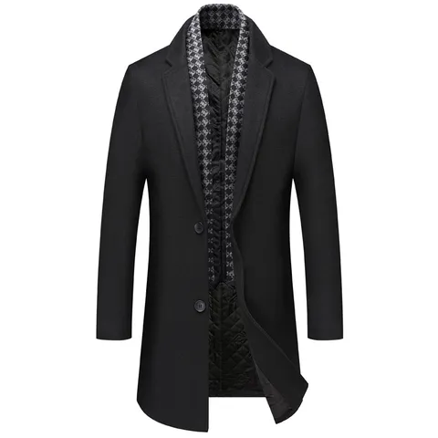 Men's British Wool Blend Trench Coat Winter Thickened Mid-Length Overcoat With Scarf Collar Business Casual Outerwear
