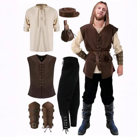Ensemble Costume Pirate Médiéval Renaissance Homme Halloween Cosplay Chemise Vintage Pantalon