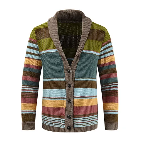 Men Casual Color Block Knitted Cardigan Autumn Winter Long Sleeve Lapel Single Breasted Loose Fit Sweater Coat