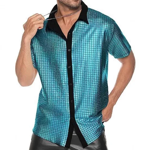 Men Metallic Sequin Disco Party Shirt Short Sleeve Lapel Button Down Shiny Club Stage Costume Top