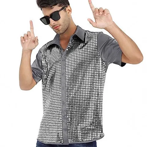 Men Metallic Sequin Disco Party Shirt Short Sleeve Lapel Button Down Shiny Club Stage Costume Top