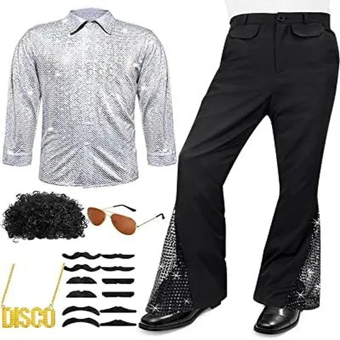 Men Retro 70s Disco Costume Outfit Sequin Long Sleeve Shirt Flare Pants Wig Necklace Party Fancy Dress