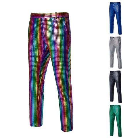 Herren Freizeit-Lange Hose Europäische Größe Metallisch Bronzierendes Glänzendes Gitter Nachtclub Mode Hip Hop Streetwear Hosen