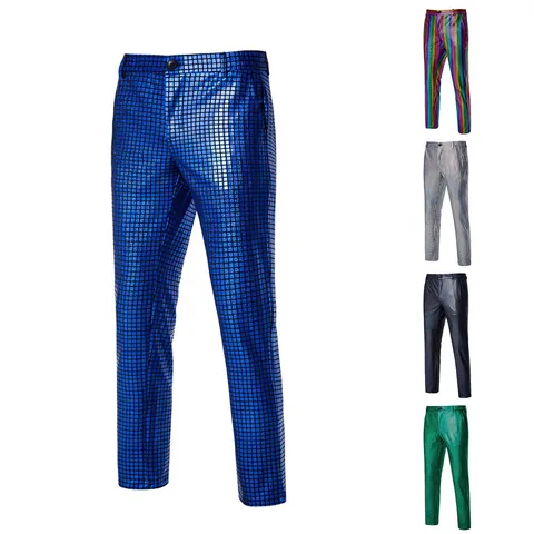 Herren Freizeit-Lange Hose Europäische Größe Metallisch Bronzierendes Glänzendes Gitter Nachtclub Mode Hip Hop Streetwear Hosen