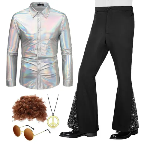 Men 70s Disco Costume Vintage Metallic Long Sleeve Shirt Sequin Bell Bottom Pants Set Party Stage Performance Outfit