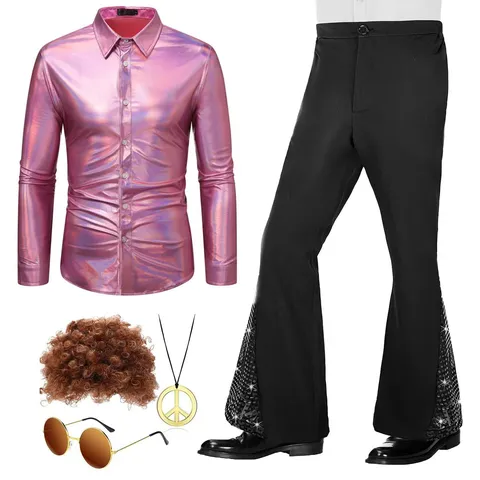 Men 70s Disco Costume Vintage Metallic Long Sleeve Shirt Sequin Bell Bottom Pants Set Party Stage Performance Outfit