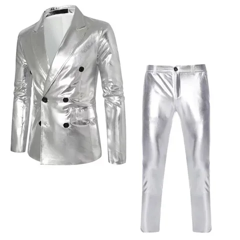Herren Mode Glänzend Doppelreihig Freizeit Anzug Set Langarm Blazer Und Hose Passendes Set Für Frühling Herbst