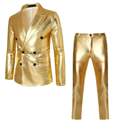 Herren Mode Glänzend Doppelreihig Freizeit Anzug Set Langarm Blazer Und Hose Passendes Set Für Frühling Herbst