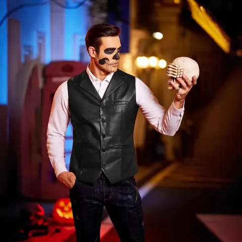 Gilet in Pelle PU Casual da Uomo Monopetto Scollo a V Vestibilità Slim