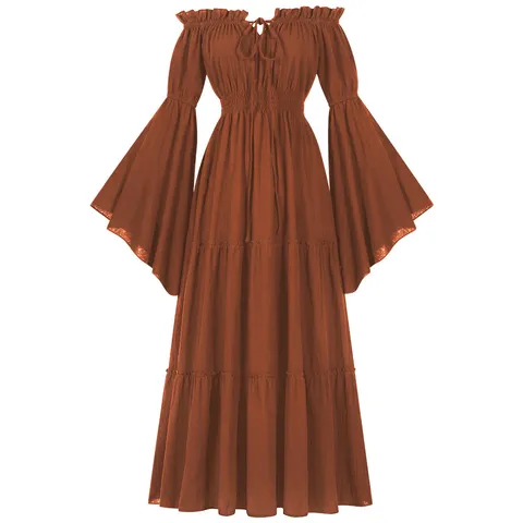 Damen Mittelalterliches Vintage Hofkleid Schulterfrei Glockenärmel Jacquard Maxi Kleid Weihnachtsfeier Kostüm