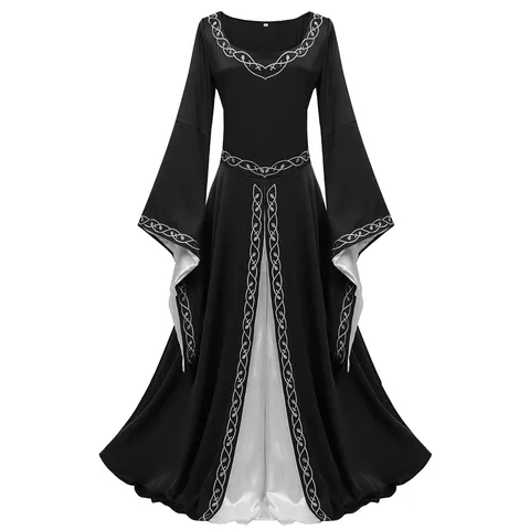 Women Medieval Vintage Renaissance Long Sleeve Bell Sleeve Square Neck Embroidered Maxi Dress Gothic Palace Party Costume