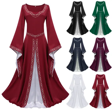 Women Medieval Vintage Renaissance Long Sleeve Bell Sleeve Square Neck Embroidered Maxi Dress Gothic Palace Party Costume
