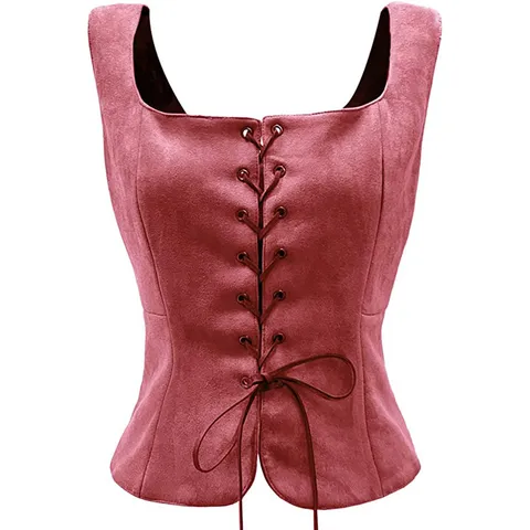 Femme Rétro Suédine Gilet Col Carré Lacets Corset Vintage Renaissance Viking Pirate Cosplay Costume Haut
