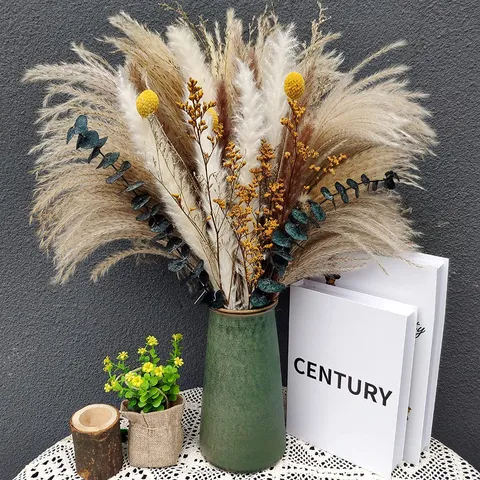 Ramo de Flores Secas Naturales Hierba de la Pampa Eucalipto Bolas Doradas Arreglo Floral Boho Para Decoración del Hogar