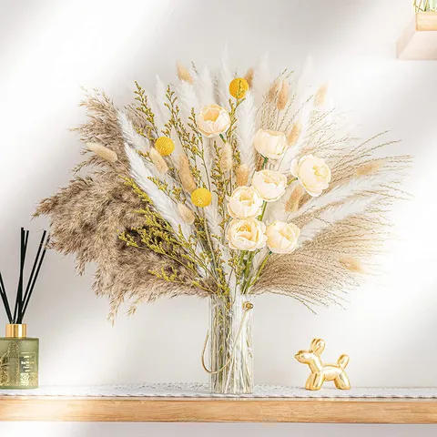 Bouquet d'Herbe de Pampas Séchée Naturelle avec Boîte Queues de Lapin Roseau pour Décoration d'Intérieur Chambre Boho Mariage