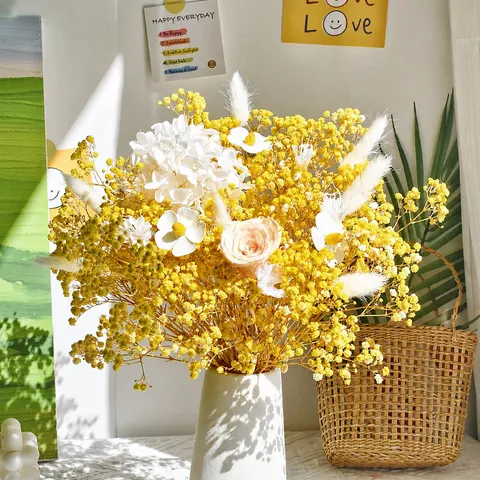 Preserved Rose Gypsophila Dried Flower Bouquet Silk Flower Mixed Arrangement For Home Living Room Desktop Decor