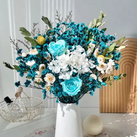 Colorful Preserved Rose Eucalyptus Leaf Dried Flower Bouquet Natural Hydrangea Crystal Grass Home Table Decor