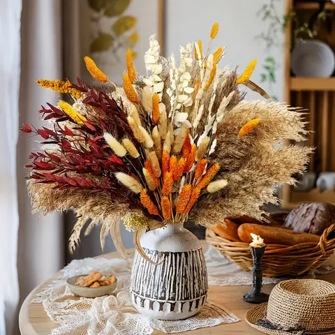 Natural Pampas Grass Dried Flowers Bouquet With Ceramic Vase Bohemian Floral Arrangement For Home Decor Wedding Party