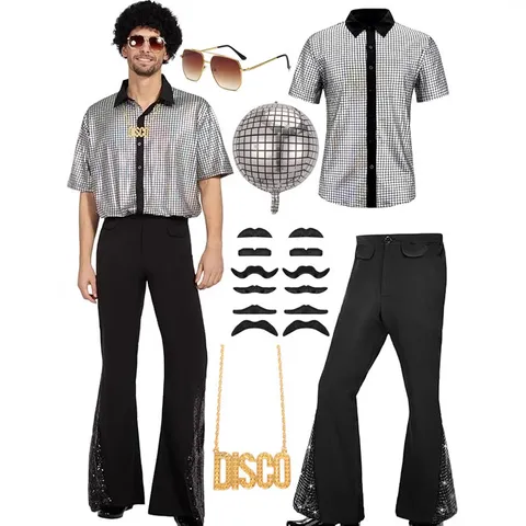 Men 70s Disco Costume Outfit Retro Sequin Short Sleeve Shirt Flared Pants Set Party Stage Performance Clothes