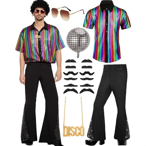 Men 70s Disco Costume Outfit Retro Sequin Short Sleeve Shirt Flared Pants Set Party Stage Performance Clothes