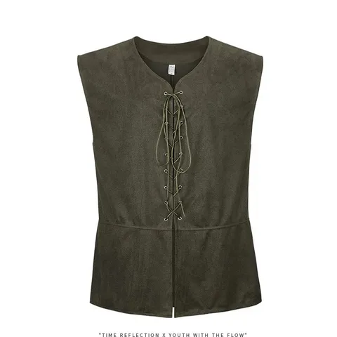 Men's Medieval Renaissance Pirate Gothic Steampunk Vest Vintage Faux Suede Lace-up V-Neck Sleeveless Cardigan Waistcoat Top