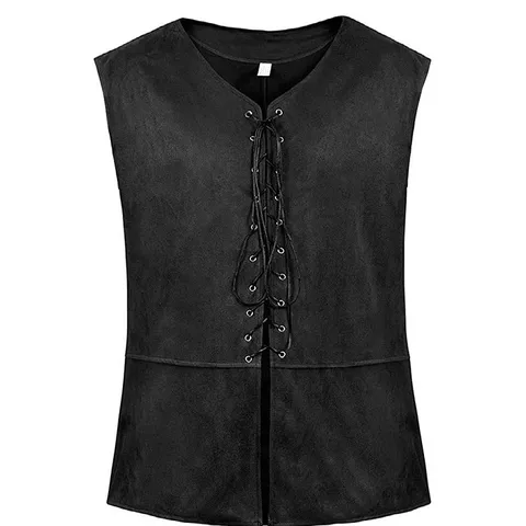 Men's Medieval Renaissance Pirate Gothic Steampunk Vest Vintage Faux Suede Lace-up V-Neck Sleeveless Cardigan Waistcoat Top