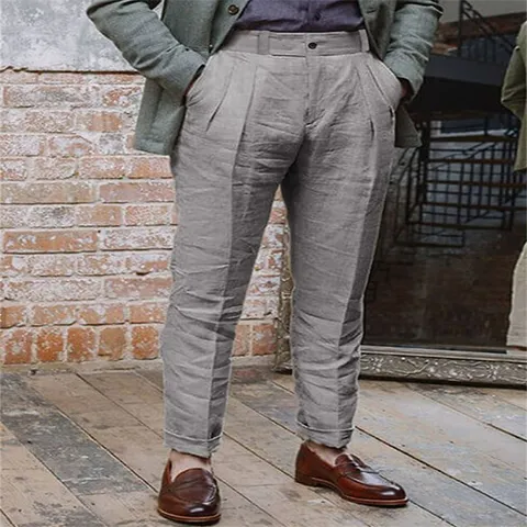 Men's Casual Cotton Linen Blend Trousers Solid Color Straight Leg Loose Fit Pants With Slant Pockets Daily Outdoor Wear