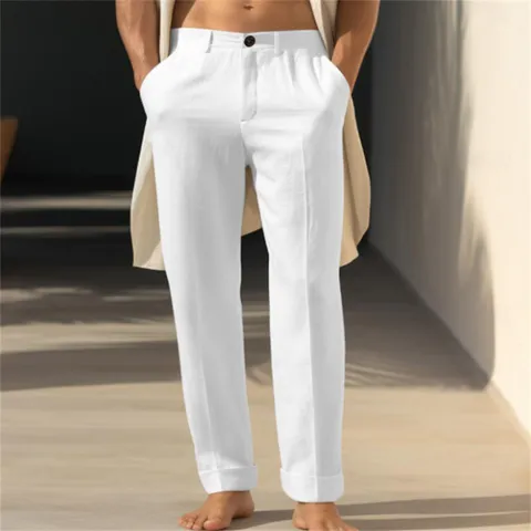 Men's Casual Cotton Linen Blend Straight Leg Pants Solid Color Breathable Street Style Mid Waist Long Trousers With Pockets