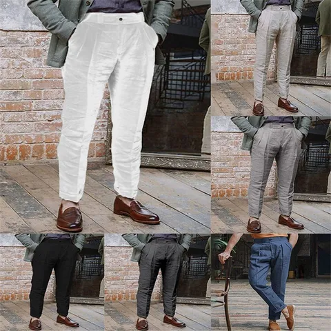 Men's Casual Cotton Linen Blend Trousers Solid Color Straight Leg Loose Fit Pants With Slant Pockets Daily Outdoor Wear