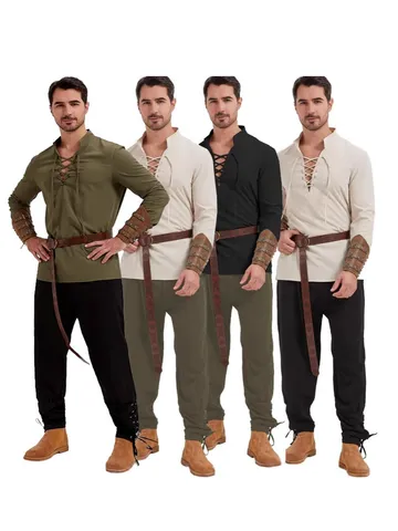 Ensemble Costume Médiéval Renaissance pour Hommes Chemise de Pirate Vintage Pantalon à Chevilles Halloween Cosplay Tenue