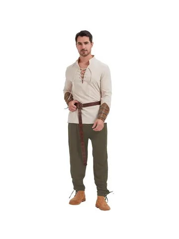 Ensemble Costume Médiéval Renaissance pour Hommes Chemise de Pirate Vintage Pantalon à Chevilles Halloween Cosplay Tenue