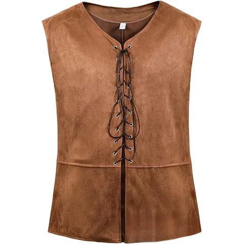 Men's Medieval Renaissance Pirate Gothic Steampunk Vest Vintage Lace Up V Neck Faux Suede Sleeveless Top